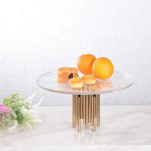 MODERN HOME DECOR ACCENTS DECORATIVE GLASS FRUIT BOWL CAKE TRAY WITH METAL STAND