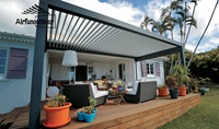 Pergola bioclimatique à toit à lames orientables manuel/motorisé, en aluminium thermolaqué, design naturel écologique, kits de tailles personnalisables