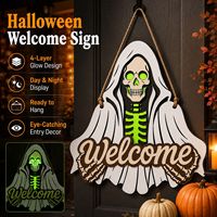 Décoration Suspendue Lumineuse en Bois pour Halloween, Panneau de Porte Multicouche Empilé avec Crâne et Fantôme, Lumineux pour Porche et Mur