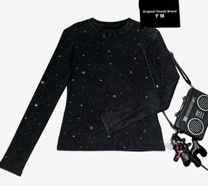 6840/Kaos Wanita Gaya Vintage Musim Panas dengan Hiasan Berlian Imitasi, Gaya Kasual Baru, Cetak Digital, Bahan Bernapas untuk Musim Gugur - Product Image 1