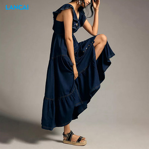 2023 été personnalisé décontracté coton Denim en détresse smocks bouton Maxi lâche femmes robes robe à volants - Product Image 4