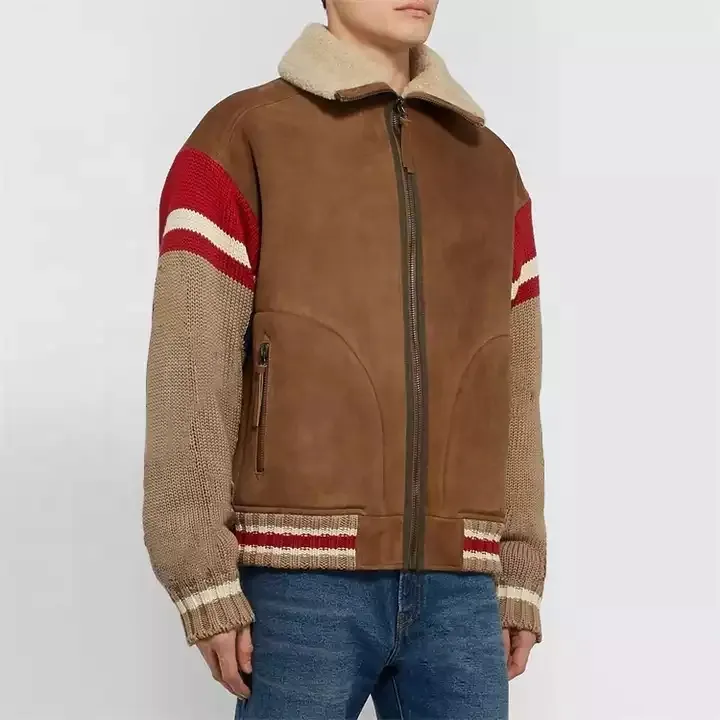 Custom design winter contrasting fabric knitted sleeve shearling fleece lining trucker zip up men suede jacket