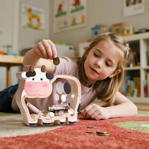 Hucha de madera con forma de vaca y almacenamiento transparente de acrílico para monedas, ideal para niños de 5 a 7 años - Product Image 1