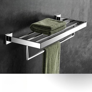 Ensemble de porte-serviettes de salle de bain en laiton chromé avec étagère double, organisateur d'angle et support de brosse WC mural au design moderne - Product Image 2