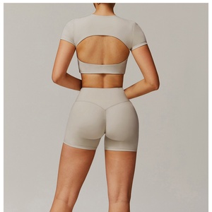 KY51 femmes 2 pièces Yoga ensemble serré séchage rapide <span class=keywords><strong>col</strong></span> en <span class=keywords><strong>V</strong></span> recadrée à manches longues haut taille haute Shorts tenue d'entraînement Yoga course - Product Image 4