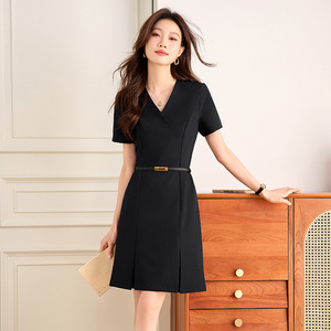Grey <b>Wrap</b> Dress V Neck Short Sleeve Belted Career Workwear Women Summer Office Uniform Solid Color Polyester Fit Waist - Product Image 3