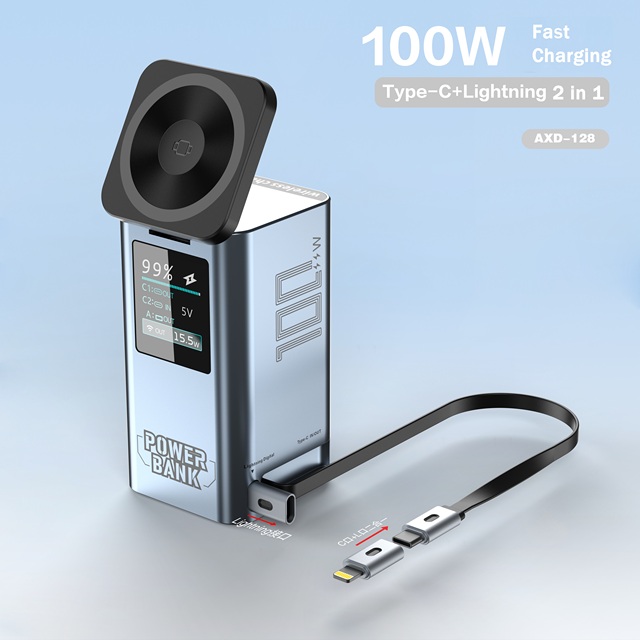 100W Power Bank With Wireless Charging Type-C 2 in 1 Magnetic Fast Charger Led Display Aluminum Alloy