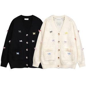 Women <b>Cardigan</b> Sweater Loose Fit Single Breasted Bow Knitwear Vintage Style Anti Pilling Soft Cozy Wear - Product Image 3