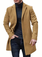 Manteau Homme Taille Européenne Automne Hiver 2024 Revers Feutre Simple Boutonnage Mi-Long Trench-Coat Couleur Unie