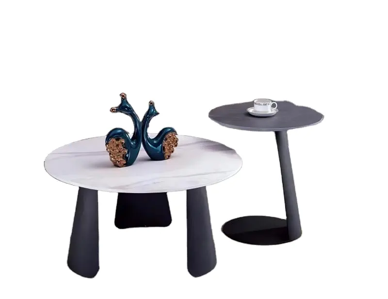 ヨーロピアンスタイルの白い岩板不規則な金属スプレー黒い足低いテーブル黒い岩板ディスク金属スプレー黒い足