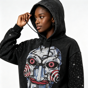 Sudadera con capucha vintage lavada con gráfico de terror <span class=keywords><strong>Saw</strong></span> Puppet para hombre, personalizada con estrella de diamantes de imitación en la manga, estilo streetwear, oversize - Product Image 4