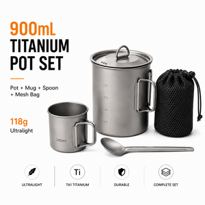 Ensemble de cuisine en titane en gros : Marmite 900 ml, Tasse 300 ml, Cuillère à long manche – Kit de cuisson pour le camping – Personnalisation de marque disponible - Product Image 1