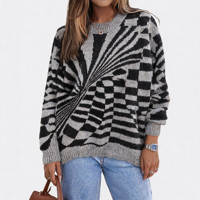 Pull-over surdimensionné pour femme à col rond, motif damier géométrique radiale, personnalisé avec logo, manches longues, doux pour la peau, design de créateur