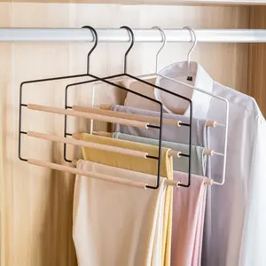 IANGO Black Metal Hangers Rack 3-tier Closet Storage Organizer Space Saving Scarf Ties Pants Clothes Hangers with Wood Bar Iron