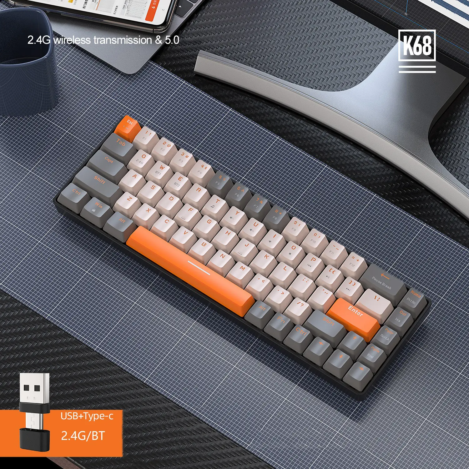 Gratis Wolf K68 Bt Draadloos Dual Mode Mechanisch Toetsenbord Aangepast Color Match Game Hot Plug Mechanisch Toetsenbord
