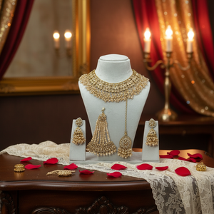 Conjunto nupcial étnico de perlas y Kundan de aleación blanca real, gargantilla chapada en oro pesado, hecho a mano, regalo para compromiso, boda, fiesta o aniversario - Product Image 3