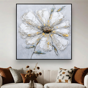 Arte Floral Pintado a Mano, Pintura al Óleo de Flores Blancas con Detalles Dorados, <span class=keywords><strong>Fondo</strong></span> Azul Claro, Lienzo Floral, Pintura Floral Elegante - Product Image 2