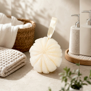 Éponge de bain blanche en forme de fleur, Loofah exfoliant doux moussant pour la douche, tampon nettoyant avec ruban de suspension pour le bain (PE) - Product Image 1