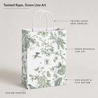 Sac cadeau en papier blanc mat imprimé sur mesure avec poignées en corde de papier torsadée, motif botanique, soufflet latéral et fond plat pour mariage