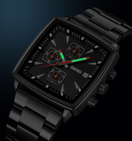 Montre à quartz pour homme OEM avec bracelet en acier inoxydable, cadran en verre, date, chronomètre, logo personnalisé, étanche 3 ATM, boîtier carré, montre tendance