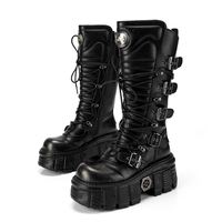 Bottes mi-mollet à lacets à semelle épaisse en métal noir et argent vieilli, style gothique punk, pour femme - Esthétique de design de niche