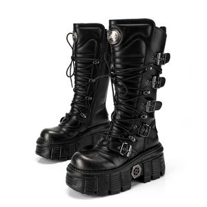 Botas de media pantorrilla para mujer, negras y plateadas, con efecto desgastado, estilo gótico punk metálico, con suela gruesa y cordones - Diseño estético de nicho - Product Image 6