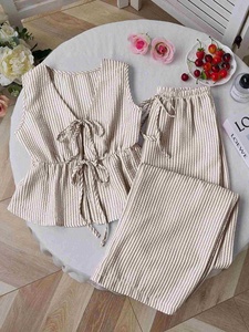 Traje de Verano de Color Sólido a Rayas, Chaleco Informal con Cordones, Pantalones Holgados de Color Sólido con Cordones, Traje Informal y Dulce - Product Image 3