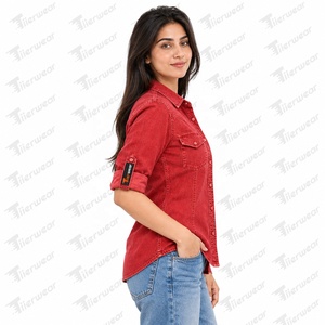 Tiierwear <b>Womens</b> Vintage Woven Denim Shirts <b>Baggy</b> <b>Jean</b> Button Down Tops Custom Streetwear Clothing OEM Private Label Front Logo - Product Image 4