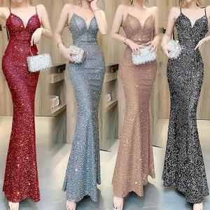 Vestidos de noche largos de cola de pez con lentejuelas, cuello en V y corte halter para mujer, a la moda. - Product Image 1