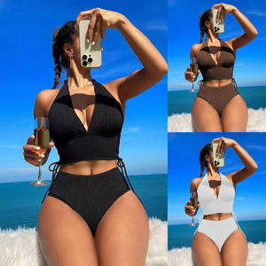 Conjunto de <span class=keywords><strong>Bikini</strong></span> de Dos Piezas de Cintura Alta para Mujer, Traje de Baño con Espalda Descubierta, Color Sólido, Traje de Baño Moderno 2025 - Product Image 5