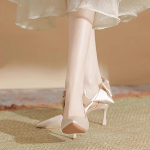 Zapatos de Tacón Alto para Mujer, Impermeables, con Plataforma, Punta Puntiaguda, Boca Poco Profunda, Bordados con Perlas, de Satén, con Correa en el Tobillo, para Verano y Otoño - Product Image 2