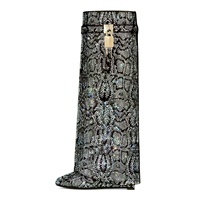 Bottes Hautes Femme à Talon Compensé Décor Loquet Requin Métallique, Bout Pointu Orné de Strass, Style Chaussette, Cuissardes Étoffées