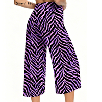 Pantalon large court ultra doux pour femme, imprimé zèbre violet lavande vibrant, taille haute, effet ventre plat, pour yoga et détente, coupe culotte