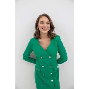 Vestido tipo chaqueta verde con cuello en V y botones dorados, cintura natural, tejido de tela, cómodo vestido de oficina. - Product Image 4