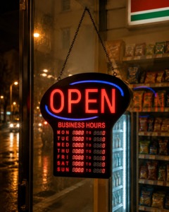 ป้ายไฟ LED แสดงเวลาทำการแบบแขวน พร้อมตัวอักษร OPEN และตารางเวลาเปิด-ปิดตลอดสัปดาห์ สำหรับร้านสะดวกซื้อ - Product Image 1