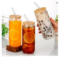 Gobelet en verre borosilicate 12oz 16oz avec couvercle en bambou et paille pour café glacé, bière, soda – Idéal pour la maison, le café et le bar