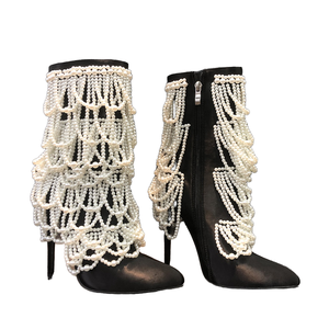 <span class=keywords><strong>Bottines</strong></span> de soirée Xinzirain personnalisées à talon aiguille noir spectaculaire avec franges de perles en cascade et pompons, chaussures de scène glamour - Product Image 1
