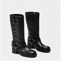 Bottes personnalisées pour femme en cuir noir à boucle, style motard rétro, talon épais, à bride, mi-mollet