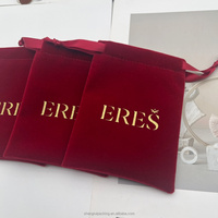 Tas Penyimpanan Lipstik Parfum Beludru Mewah dengan Tali Serut, Logo Custom, Cetak Merah, Pouch Perhiasan Kalung Anting dari Beludru Poliester