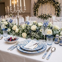 Assiettes de dîner en céramique bleu méditerranéen et blanc, bord festonné, service de vaisselle vintage en porcelaine, pour mariage, événement, assiette de présentation pour hôtel