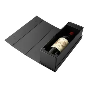 Kemasan Kotak Botol Anggur Kotak Kertas Lipat Magnet Kaku Hitam Matte Mewah
