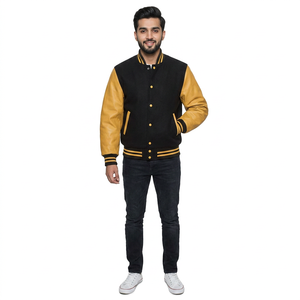 FINER THREADS Men's Varsity Jacket Custom Printed Polyester/Cotton Breathable Stand Collar Winter Long Sleeve <b>Covered</b> <b>Button</b> - Product Image 1