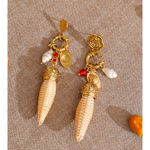 Boucles <span class=keywords><strong>d</strong></span>'oreilles pendantes JINYOU 2078 au design unique, en acier inoxydable, avec breloque œil de coquillage et motif bambou tressé, idéales pour un cadeau - Product Image 3