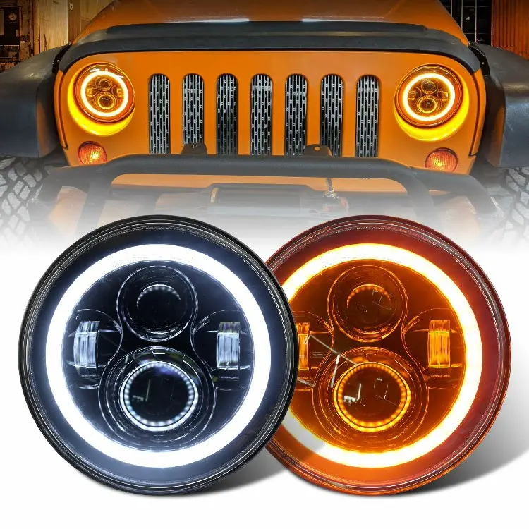 7 Inches Black Led Headlight With White Halo Amber Turn Signal Compatible  With Jeep Wrangler Jk Lj Tj Cj H1 H2 Land Rover - Buy 7'' Led Headlight  With White Halo/amber Turn