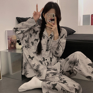 Pijama informal de primavera y otoño para mujer, conjunto de ropa para el hogar de poliéster estampado de manga larga, cintura elástica suave, talla XL para familias - Product Image 5