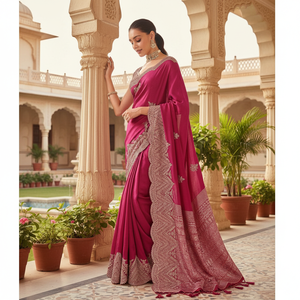 Atractivo Sari de Seda Vichitra con Bordado de Lentejuelas y Blusa Sin Coser Rosa para Adultos Hecho en India - Product Image 3