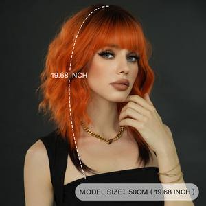 Perruque synthétique ondulée courte de 18 pouces, ombrée, racine foncée à <span class=keywords><strong>orange</strong></span> vif, avec frange, en <span class=keywords><strong>fibre</strong></span> résistante à la chaleur, aspect naturel mat, Peluca - Product Image 3