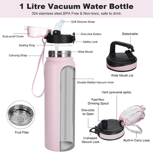 Bouteille d'eau isotherme pour enfants en acier inoxydable à double paroi de 1000 ml avec paille - Product Image 6