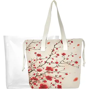 Japanese Red Cherry Eco Friendly Canvas Clear Totes Bag School Work Shopping Teen Girl Woman Waterproof Shoulder Cotton Bag