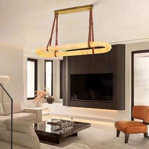 Lampe suspendue en cuir minimaliste moderne Anneau de suspension en marbre Lustre en cuivre d'albâtre naturel - Product Image 5